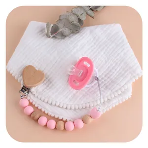 Pink silicone baby pacifier with handmade beech wood heart clip and beaded chain set