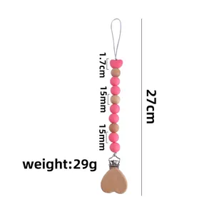 Pink silicone and beech wood heart pacifier clip DIY chain for infant soothing