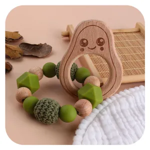 Buchenholz Silikon Baby Beißring Armband Gehäkelte Perlen Avocado Eule Schmetterling Säugling Stillen Greifspielzeug