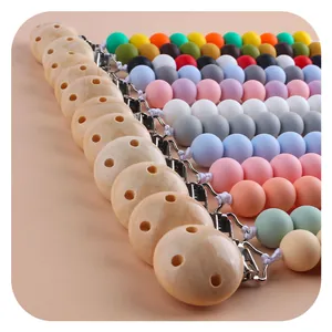 Baby Schnullerketten Set aus Buche Naturholz und bunten Silikonperlen für Babys
