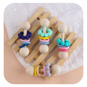 Houten Baby Rammelaar Bijtring Speelgoed Met Siliconen Kralen Beukenhout Baby Greeptraining Bijtstaaf Montessori Speelgoed