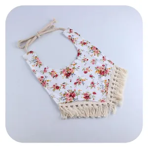 Vintage floral flamingo cotton baby bib with double-layer fabric and beige tassel trim