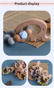 Detail view of multi-colored silicone beads and beech wood animal teethers for babies