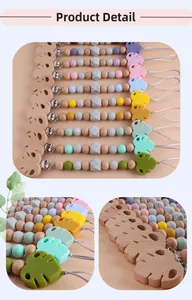 Macro detail of beech wood leaf clip and colorful silicone beads for baby pacifier chain
