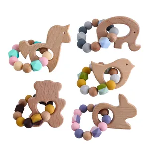 DIY beech wood animal baby teethers with colorful silicone beads in various shapes