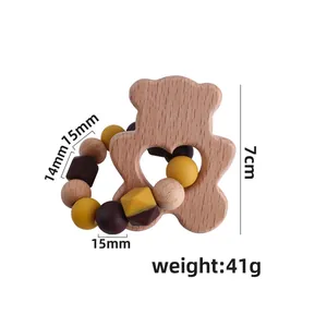 DIY creative beech wood bear teether with mixed silicone beads for infant motor skill development