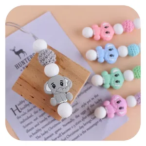 Silicone baby teething necklace with elephant pendant and colorful crochet beads