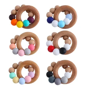 Baby Beech Wood Ring Silicone Bead Teether Bracelet Macaron Color Soothing Grasping Toy For Infants Teething Relief