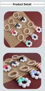 Detail view of baby wood and silicone teething rings in six different colors
