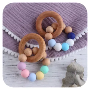 Beech wood ring and macaron silicone bead teething toy set for infant relief
