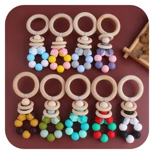 Baby Silicone Teether Natural Wood Ring Rattle Toy Infants Food Grade Geometric Beads Soothing Grasping Training Toy DIY Teething Ring