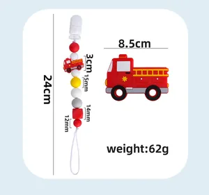 Silicone baby pacifier clip chain and fire truck teether with dimensions and weight