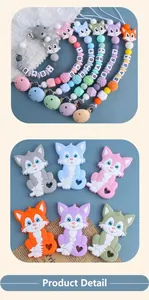 Detailansicht bunter Silikon-Schnullerketten und Fuchs-Beißspielzeug für Babys
