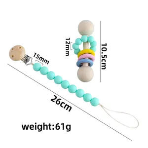 Silicone and wooden baby teether set with pacifier clip chain and rattle sensory toy