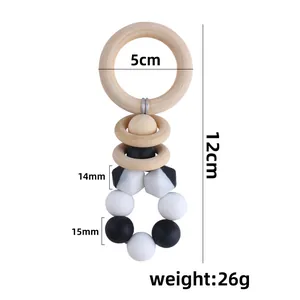 DIY baby teether with natural beech wood rings and bicolored silicone beads, 12cm length