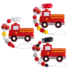 Silicone pacifier clip set with red fire truck cartoon charm and colorful beads