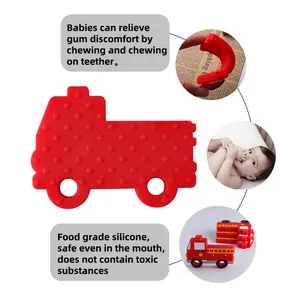 Red truck-shaped silicone baby teether with textured dots for gum pain relief