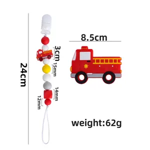 Silicone fire truck baby teether and pacifier clip set with size dimensions displayed