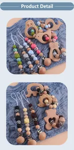 Detail showing wooden animal teethers and silicone leopard print pacifier clips