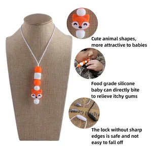 Baby silicone teething necklace with orange fox pendant and safety clasp for infants