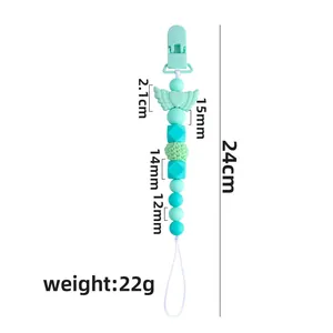 Minzgrüne Silikon Schnullerkette mit Engelsflügeln und Perlen, Länge 24cm für Babys