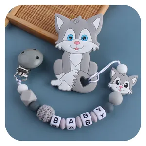 Silikon-Katzen-Beißring-Set mit Häkelperlen und Schnullerkette in neutralem Grau
