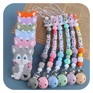 Baby Silikon Beißring Schnullerkette Set mit bunten Perlen und Metallclip-Verschluss