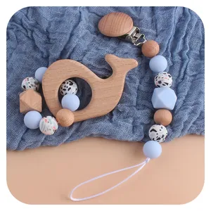 Silicone Beech Wood Baby Pacifier Clip Teether Set Leopard Beads Animal Shape Teething Toy For Infant Nursing Accessory