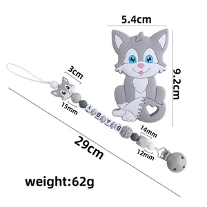 Silikon-Beißring Wolf und Schnullerkette Set mit grau-weiß-blauen Perlen für Babys