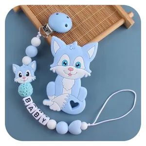 Set dentizione in silicone a forma di volpe blu con catenella portaciuccio a perline