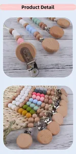 Detail view of beech wood pacifier clip with silicone beads and secure metal fastener
