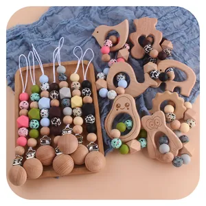 DIY beech wood baby pacifier clips and silicone teething toys with animal shapes