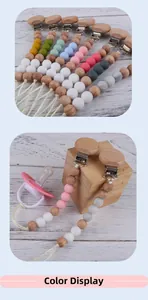 Detail of colorful silicone and beech wood baby pacifier clip showing textured beads