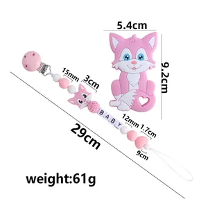 Set massaggiagengive e catenella portaciuccio in silicone con volpe e perle rosa