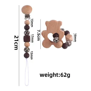 DIY beech wood baby pacifier clip with leopard silicone beads and bear teething ring