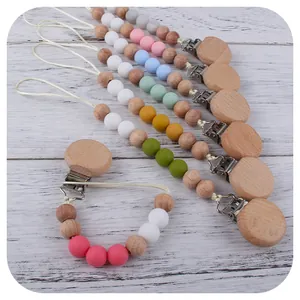 Beech Wood Silicone Pacifier Clip For Baby Teething Relief Beads Chain Soother Holder For Infants Newborn Nursing Supplies