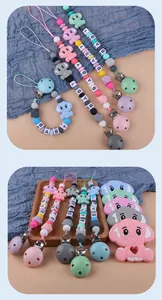 Detailed view of silicone elephant teether and pacifier clip with colorful beads