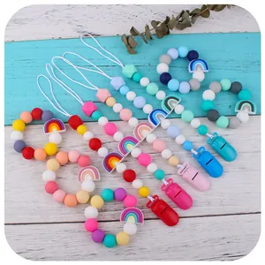 Silicone Baby Teether Bracelet And Pacifier Clip Rainbow Cartoon Beaded Teething Relief For Infants Toddlers Nursing Accessories