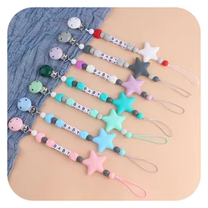Silicone baby pacifier clips set with star beads and BABY letters in multiple colors