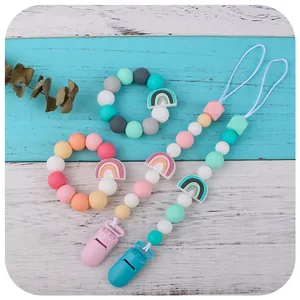Macaron color silicone baby teething set with rainbow pendants and pacifier clips