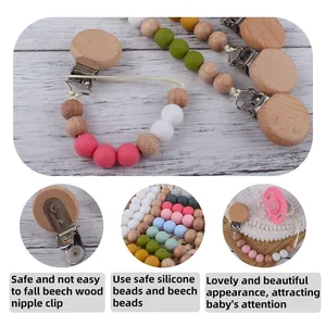 Handmade beech wood and silicone bead pacifier clip for baby soothing and teething