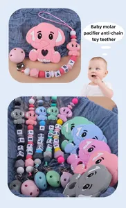 Detail view of silicone elephant teether and beaded pacifier clip with baby lettering
