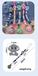 Detailed view of elephant silicone pacifier clip with baby beads and dimensions