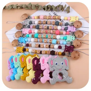 Baby Elefant Silikon Beißring Und Schnullerkette Lebensmittelqualität Silikon Holzperlen Zahnungsspielzeug Für Kleinkinder BPA Frei Geschenk