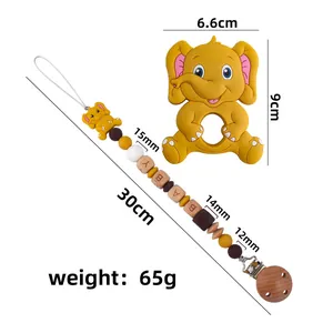 Baby Beißring Set mit Elefant aus Silikon und Schnullerkette mit Holzperlen
