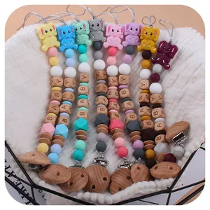Colorful silicone baby pacifier clips set with elephant charms and wooden baby beads