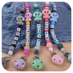 5-pack silicone elephant pacifier clips with colorful beads and BABY letters for infants