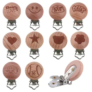 Buchenholz Schnullerkette Für Babys Rund Lasergraviert Cartoon Tier Herz Muster Edelstahl Schnullerhalter Kleidung Zubehör