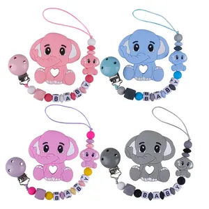 Silicone elephant baby teether clip set with letter beads in four soft colors