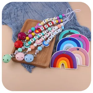Mordedor de Silicona Arcoíris y Sujetachupetes para Bebé Sin BPA Juguete Calmante Con Cuentas de Letras para Niños Niñas